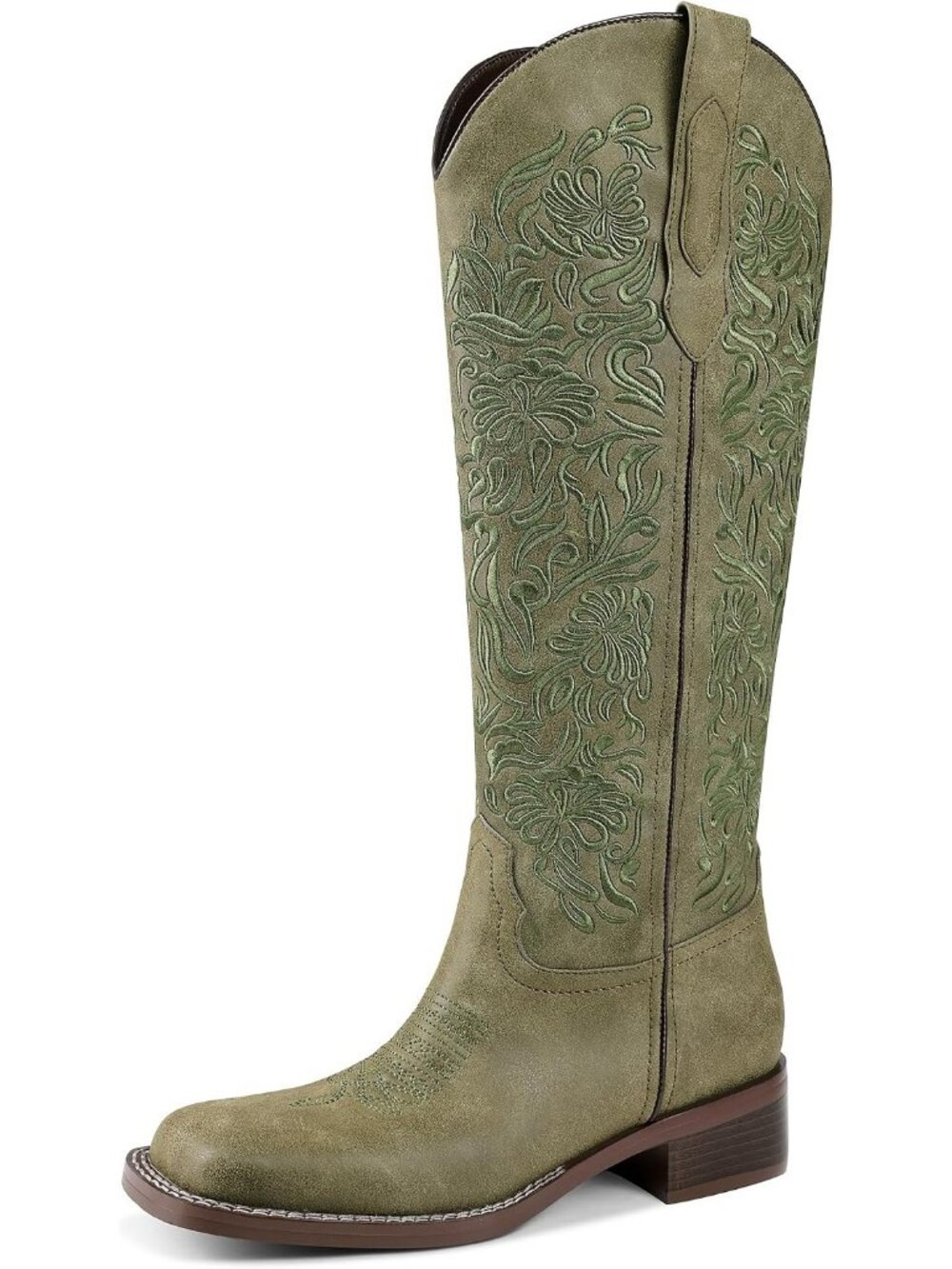 Women's Green Knee High Cowboy Boots Embroidered Western Style (61)